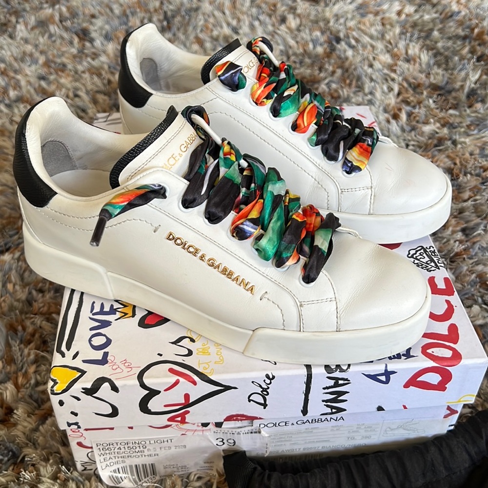 Dolce Gabbana Portofino Floral Scarf Leather Sneakers